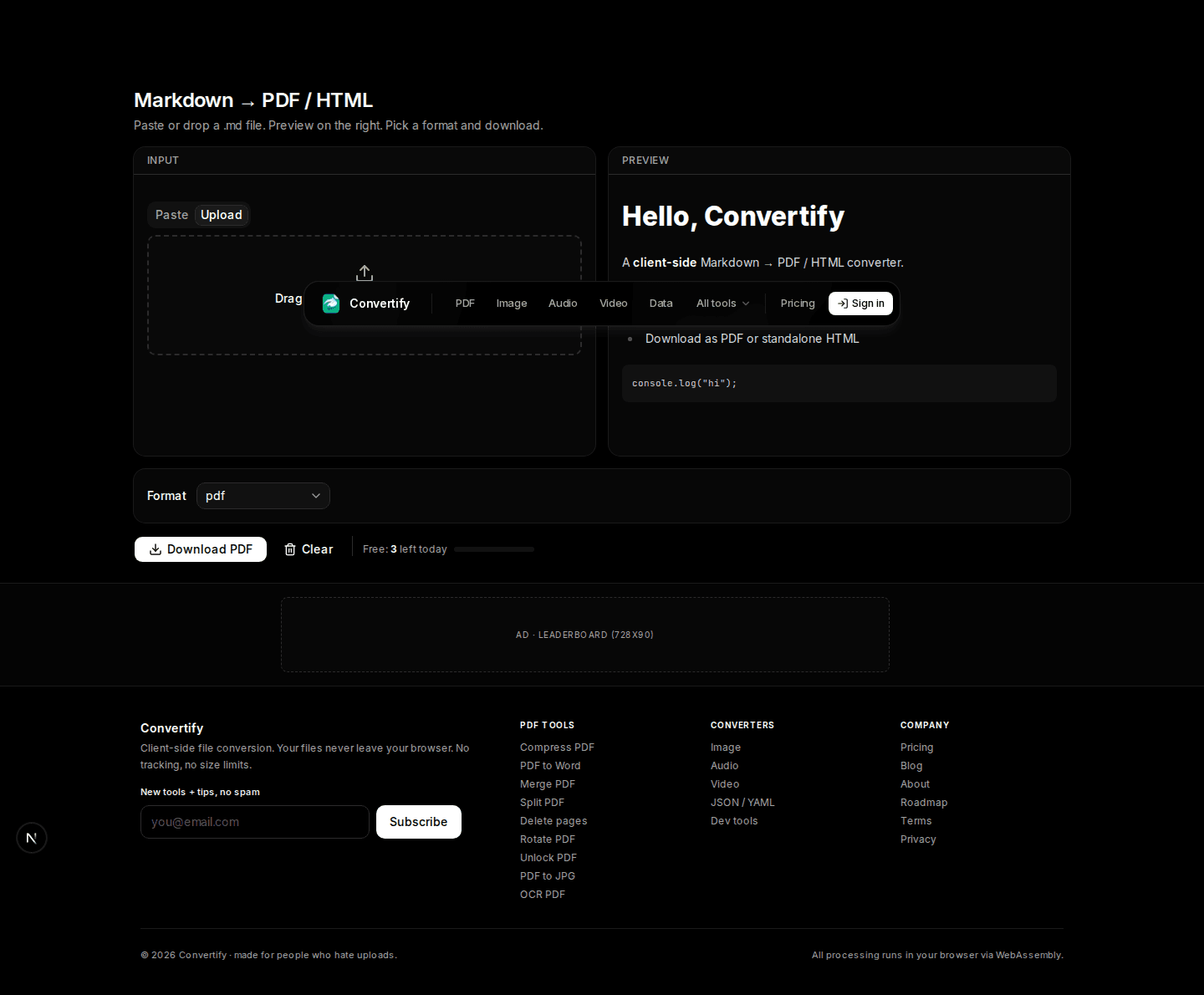 Markdown editor with a live PDF preview, converted entirely in the browser